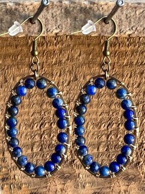 NWT Dylan Jewelry Calista Blue Brassy Tone Dangle Earrings Beaded Oval Statement